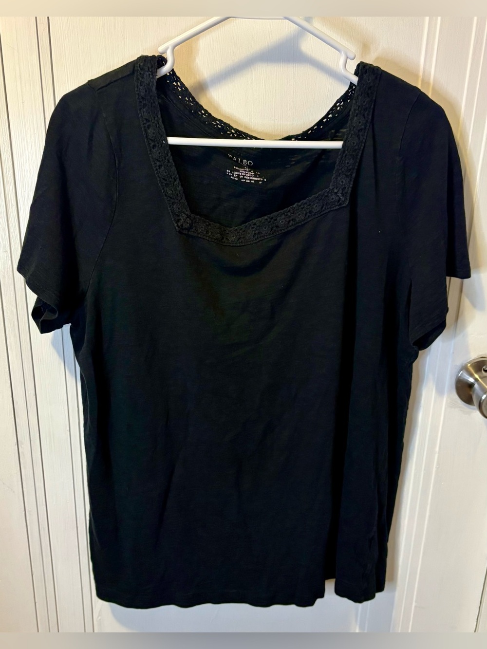Talbots Black Scoop Neck Short Sleeve Top with Lace Trim